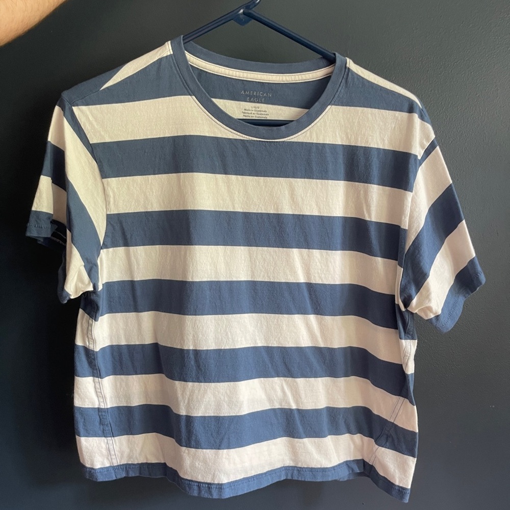 American Eagle Blue and White Striped Crop Tee size Large